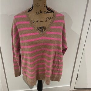LOFT Pink and Tan Striped V-Neck cashmere Sweater